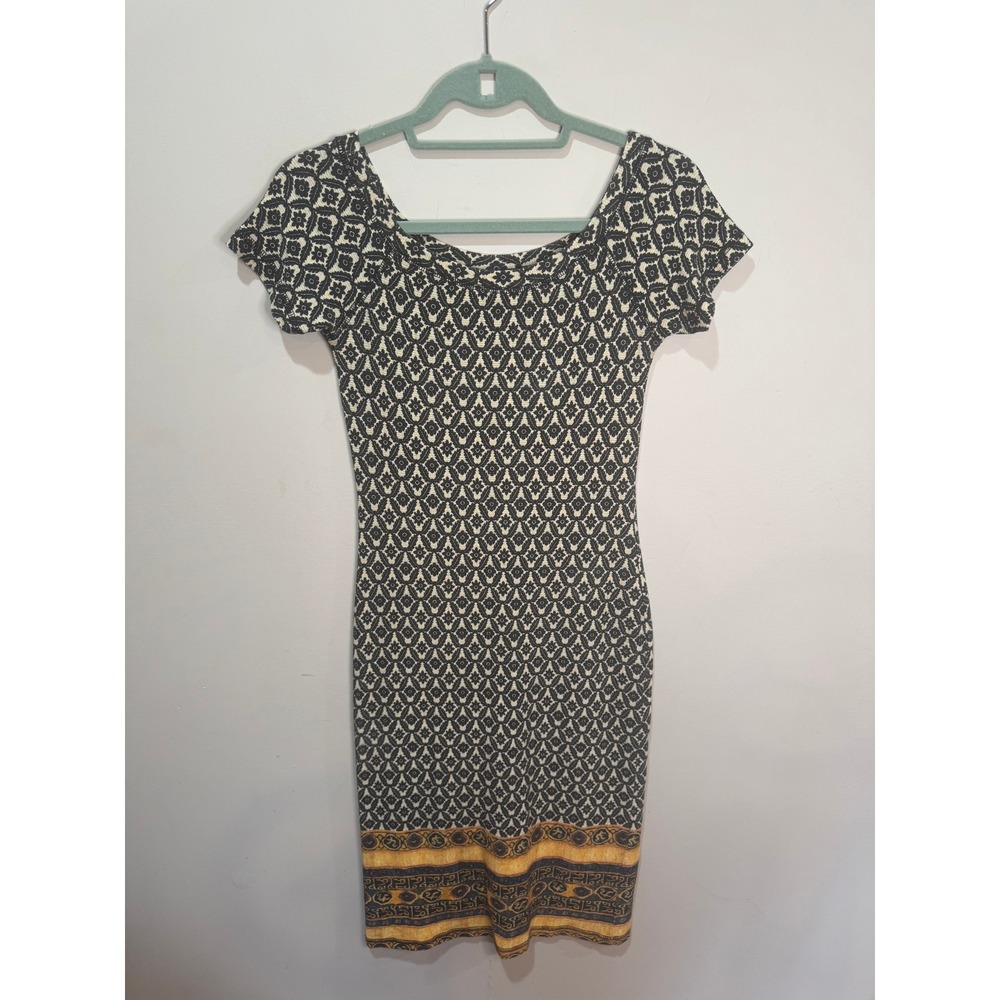 Farm Rio P XS‎ Black Patterned Ribbed Womens Dress Print Midi Sheath